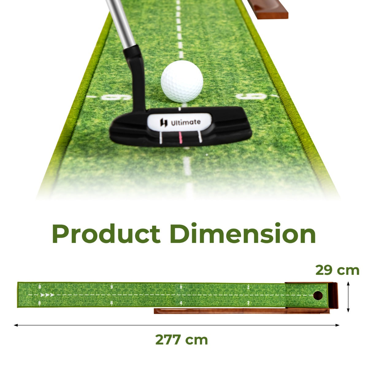 LIVSK Golf Putting Mat met Automatisch Balretoursysteem - Kreukvrij TPR Nylon - Precisie en Controle - 277 x 29 x 15 cm - Bruin +
