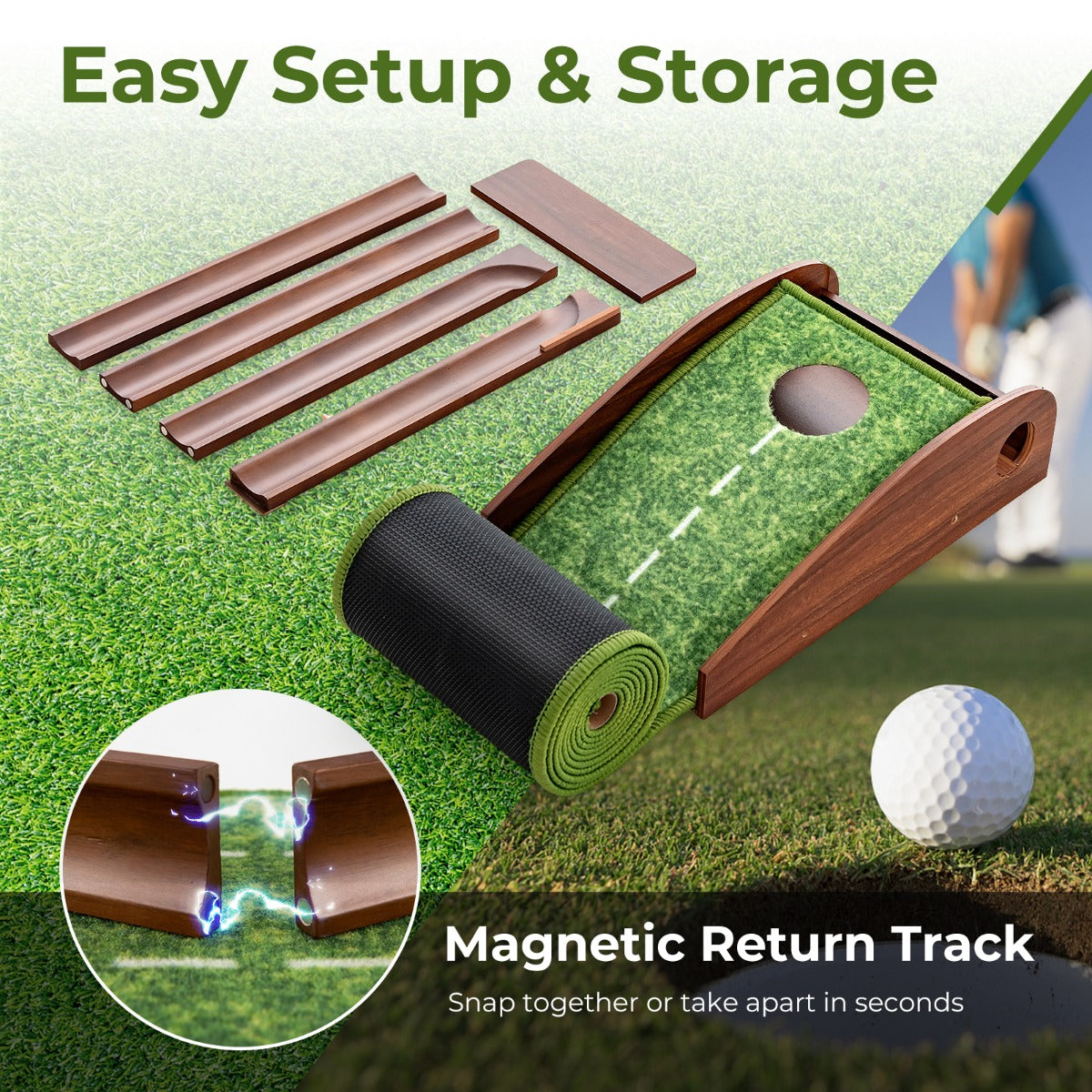 LIVSK Golf Putting Mat met Automatisch Balretoursysteem - Kreukvrij TPR Nylon - Precisie en Controle - 277 x 29 x 15 cm - Bruin +