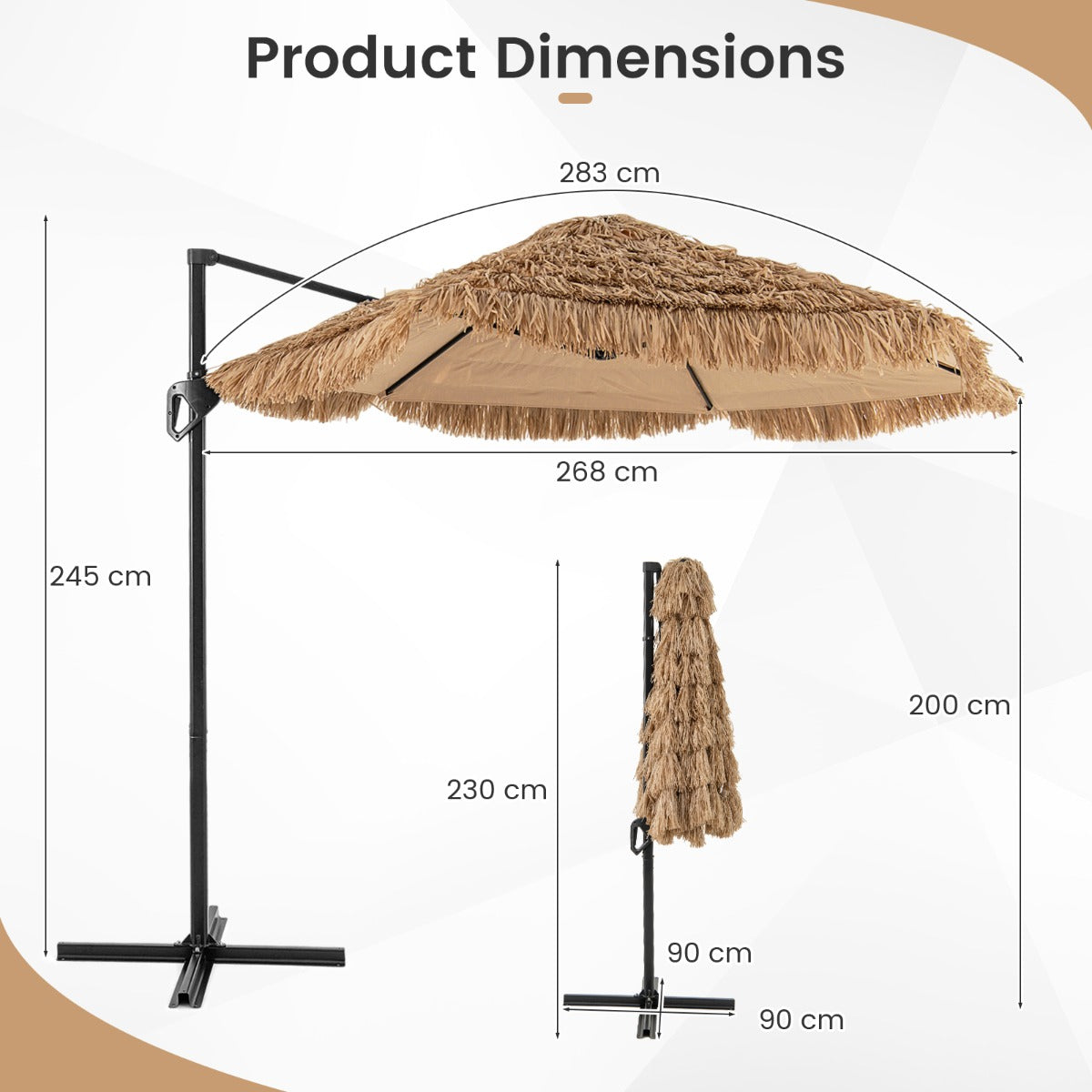 LIVSK Hula Tiki Stro Patio-Zonnescherm - Tropische Stijl - Eenvoudig te Openen - Versterkte Constructie - Ø 283 cm - Natuur+Zwart