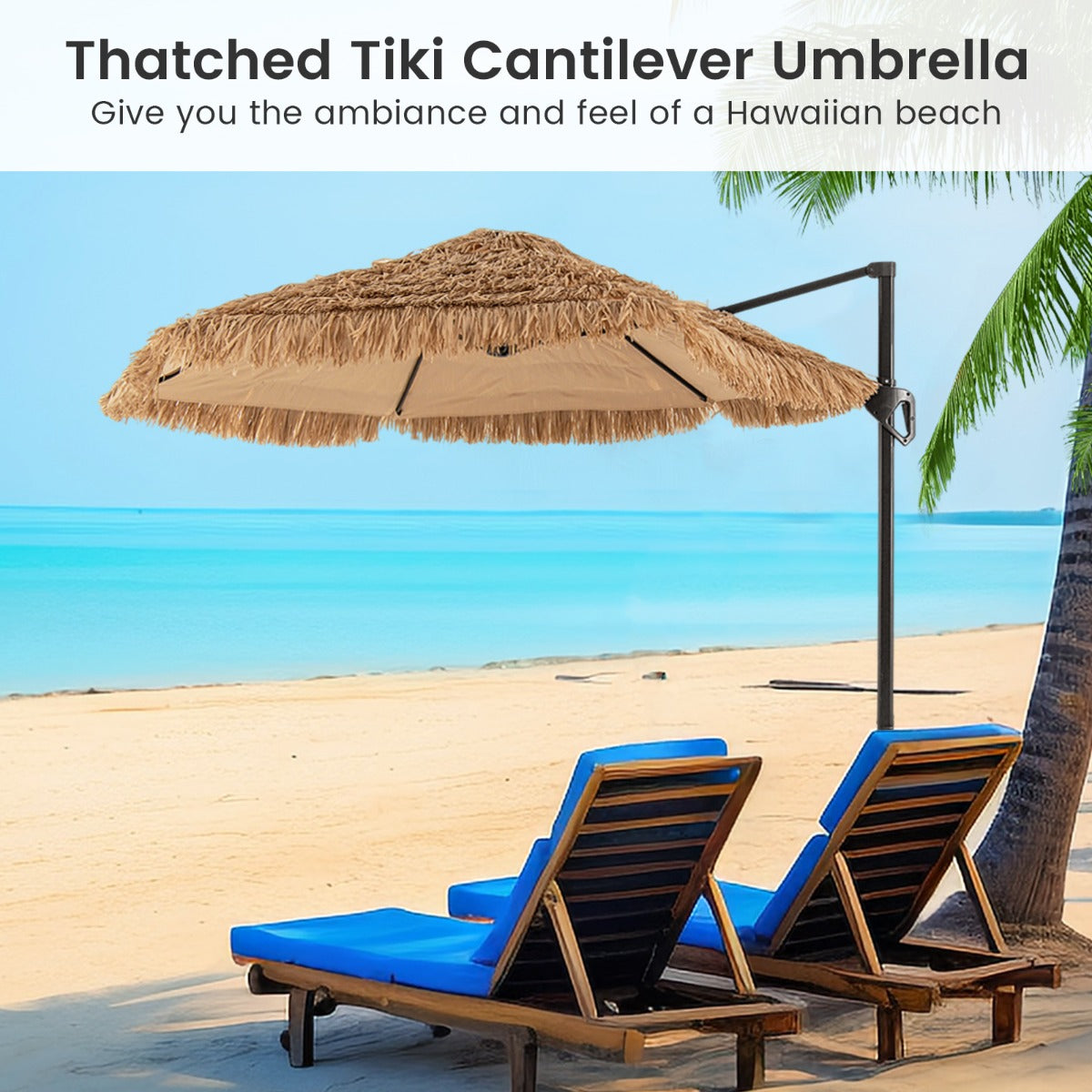 LIVSK Hula Tiki Stro Patio-Zonnescherm - Tropische Stijl - Eenvoudig te Openen - Versterkte Constructie - Ø 283 cm - Natuur+Zwart