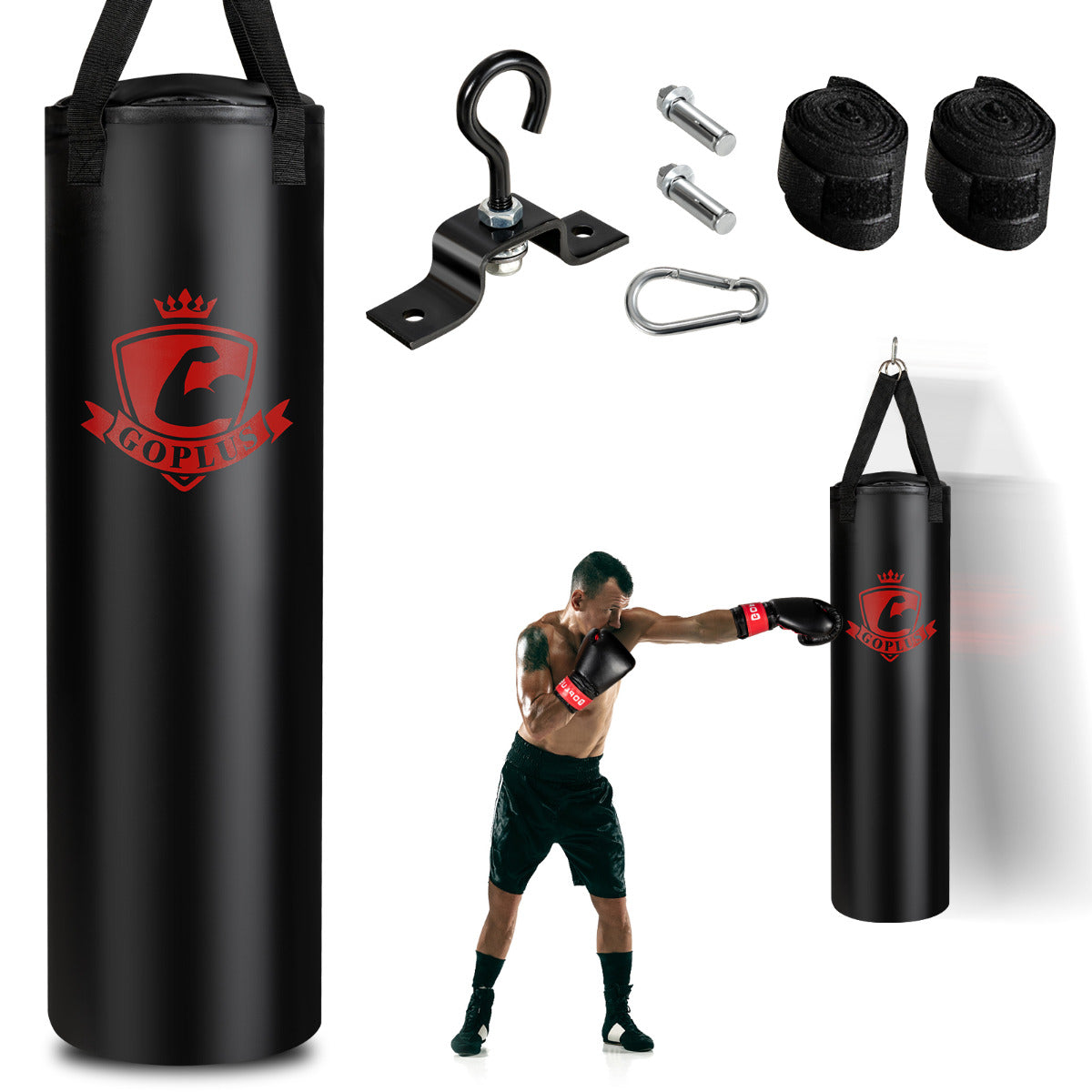LIVSK Hangende Bokszak Set met 12 oz Bokshandschoenen - Duurzaam PVC-leer - Inclusief Handwraps - Eenvoudig te Installeren -