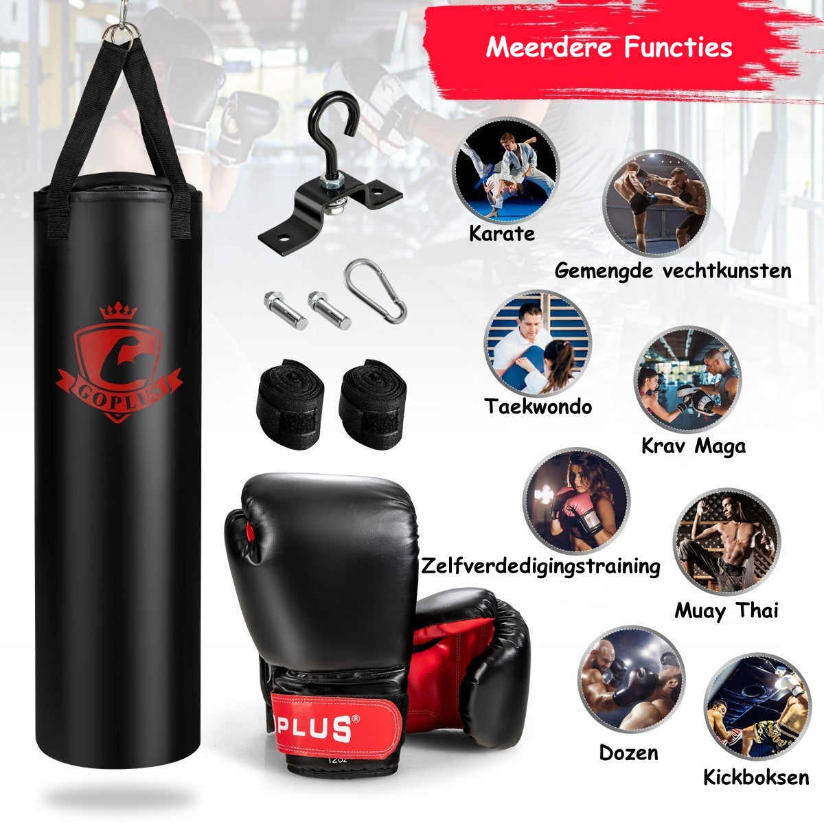 LIVSK Hangende Bokszak Set met 12 oz Bokshandschoenen - Duurzaam PVC-leer - Inclusief Handwraps - Eenvoudig te Installeren -