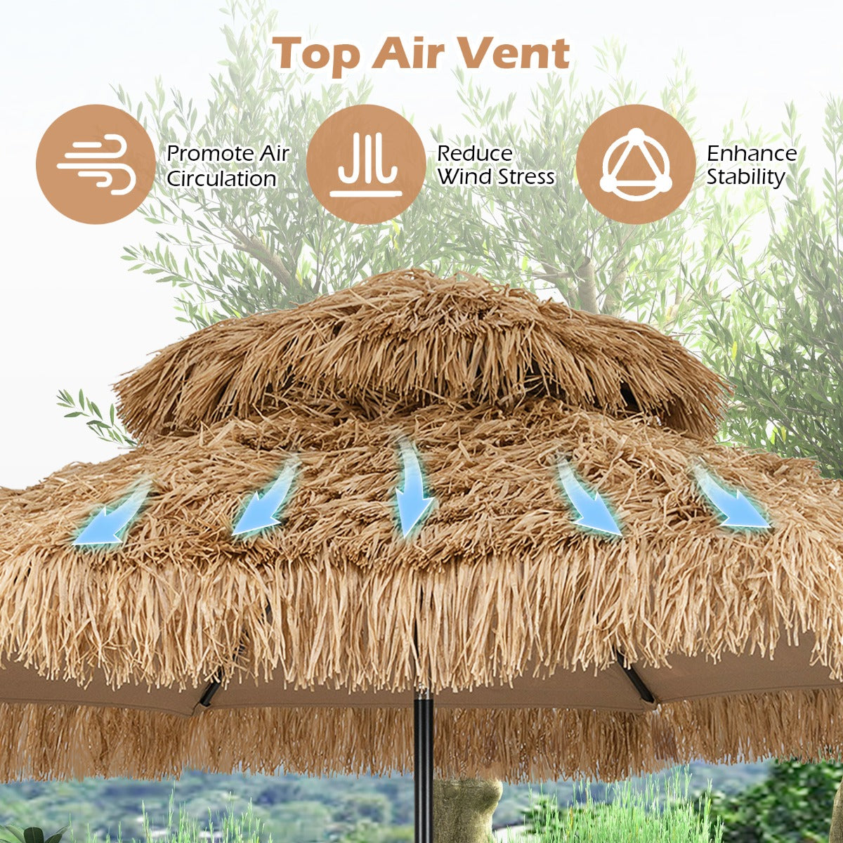 LIVSK Hula Rieten Tiki Parasol - 299 cm - Automatisch Kantelen - Ventilatieopening - Stevige Constructie - Naturel + Zwart