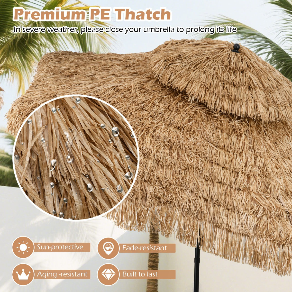 LIVSK Hula Rieten Tiki Parasol - 299 cm - Automatisch Kantelen - Ventilatieopening - Stevige Constructie - Naturel + Zwart