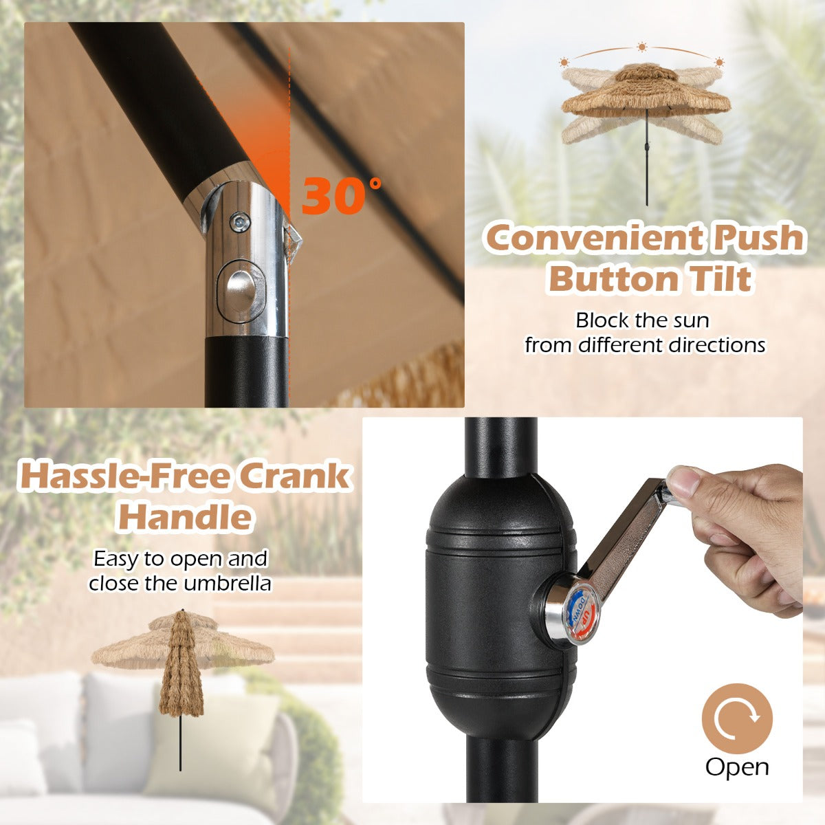 LIVSK Hula Rieten Tiki Parasol - 299 cm - Automatisch Kantelen - Ventilatieopening - Stevige Constructie - Naturel + Zwart