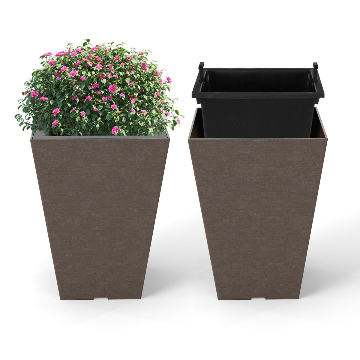 LIVSK 2-delige Set Zelfbewaterende Bloempotten - Binnenemmer met Drainagegaten - Weerbestendig PP - 25 x 25 x 35 cm - Bruin