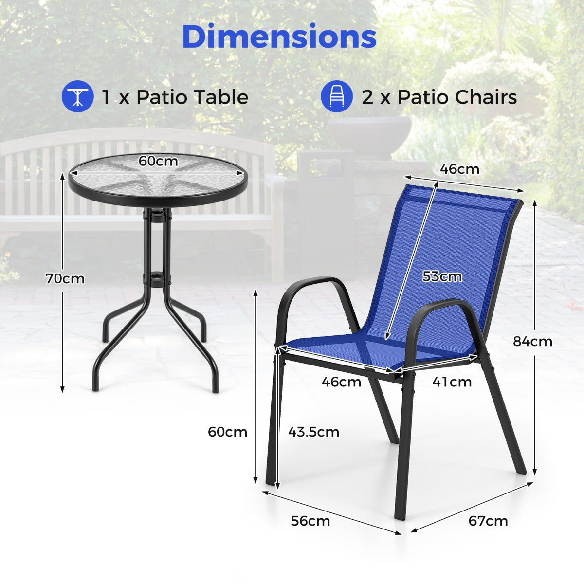 LIVSK 3-delige Bistroset - 2 Comfortabele Stoelen en Salontafel - Roestvrijstalen Frame - Sneldrogende Stof - Blauw