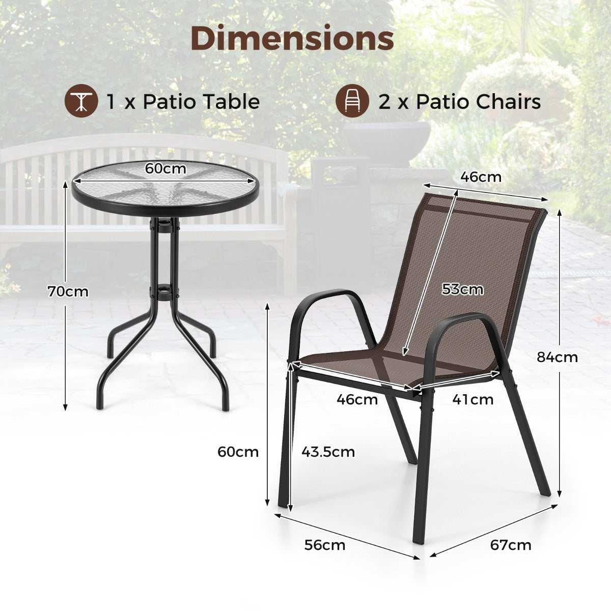 LIVSK Buitenbistroset - 3-delig - Comfortabele Stoelen - Gehard Glazen Tafel - Weerbestendig - Bruin