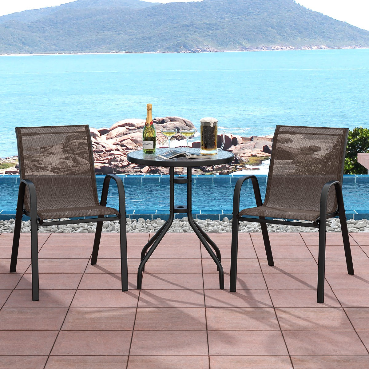 LIVSK Buitenbistroset - 3-delig - Comfortabele Stoelen - Gehard Glazen Tafel - Weerbestendig - Bruin