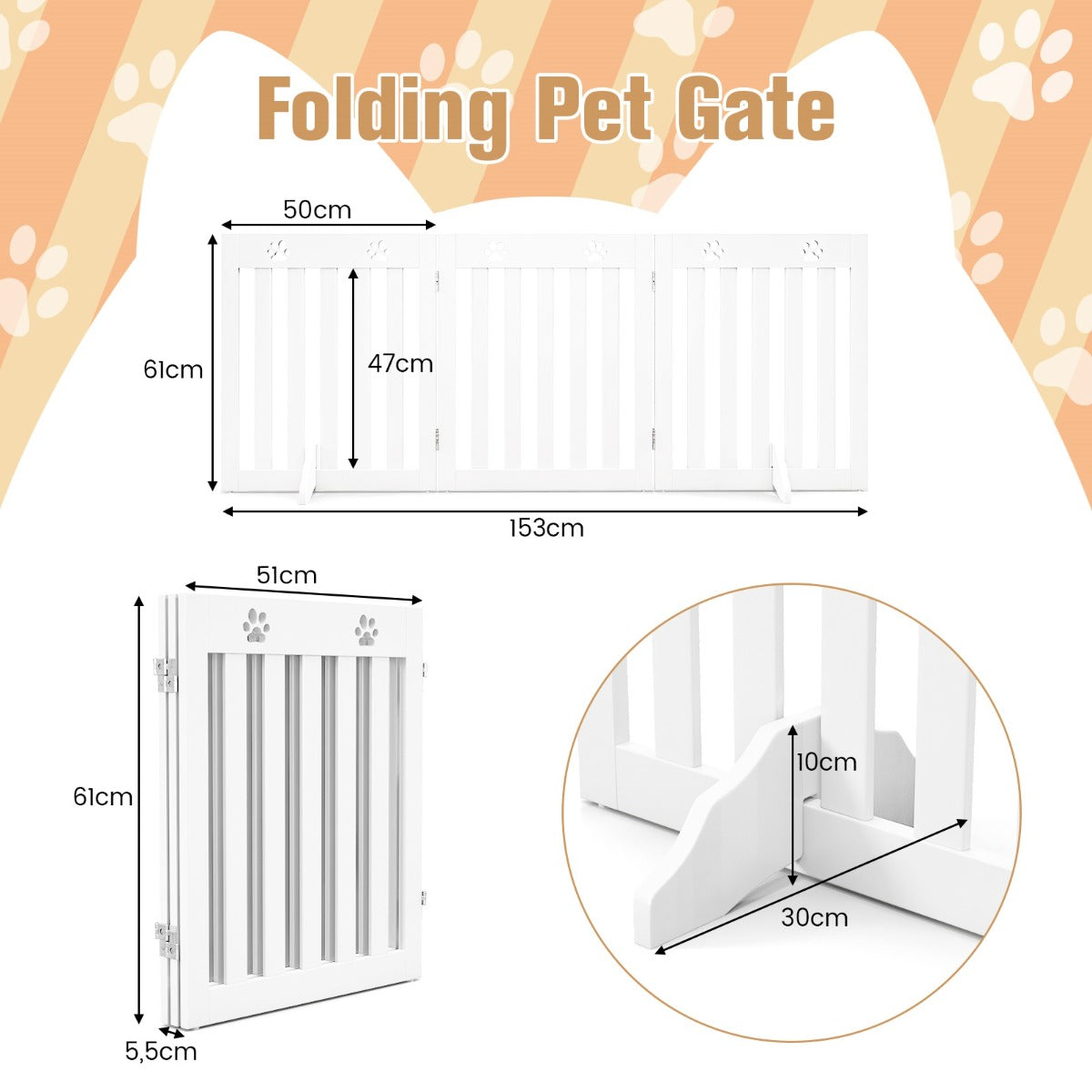 LIVSK Inklapbaar Hondenhek - Stevig MDF met 3 Panelen - 360° Draaibare Scharnieren - Antislip Voetkussentjes - Wit
