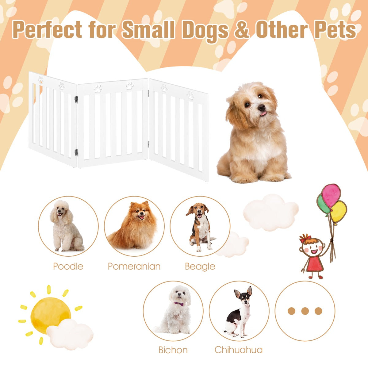 LIVSK Inklapbaar Hondenhek - Stevig MDF met 3 Panelen - 360° Draaibare Scharnieren - Antislip Voetkussentjes - Wit