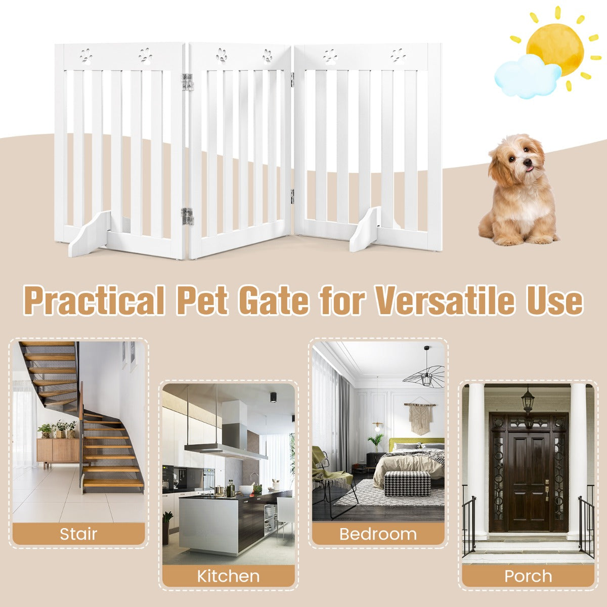 LIVSK Inklapbaar Hondenhek - Stevig MDF met 3 Panelen - 360° Draaibare Scharnieren - Antislip Voetkussentjes - Wit