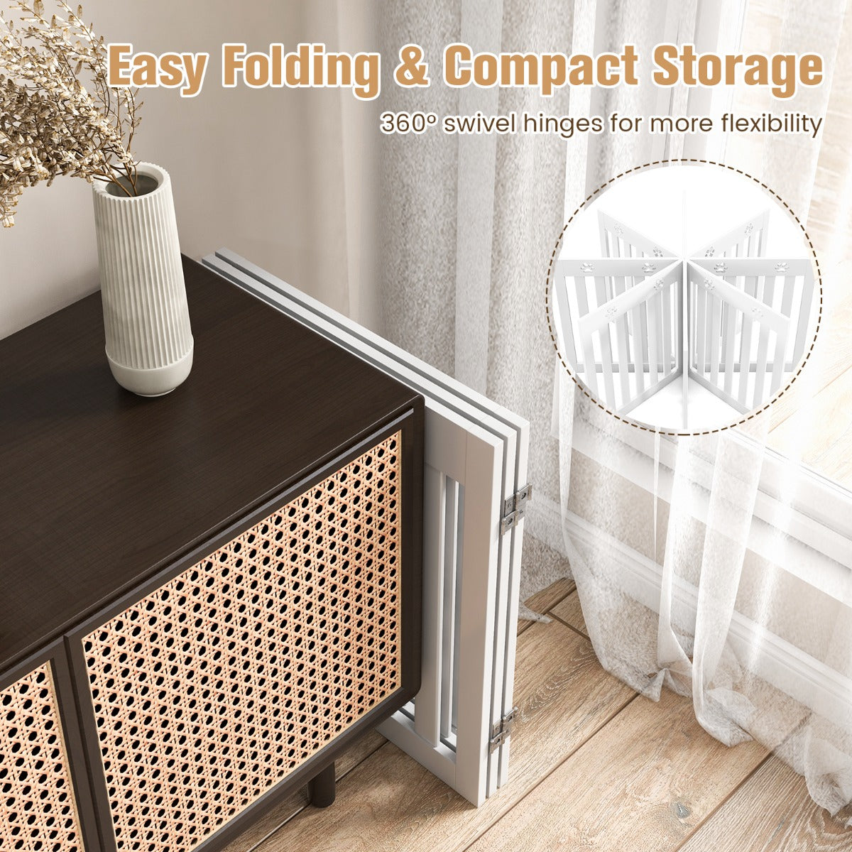 LIVSK Inklapbaar Hondenhek - Stevig MDF met 3 Panelen - 360° Draaibare Scharnieren - Antislip Voetkussentjes - Wit