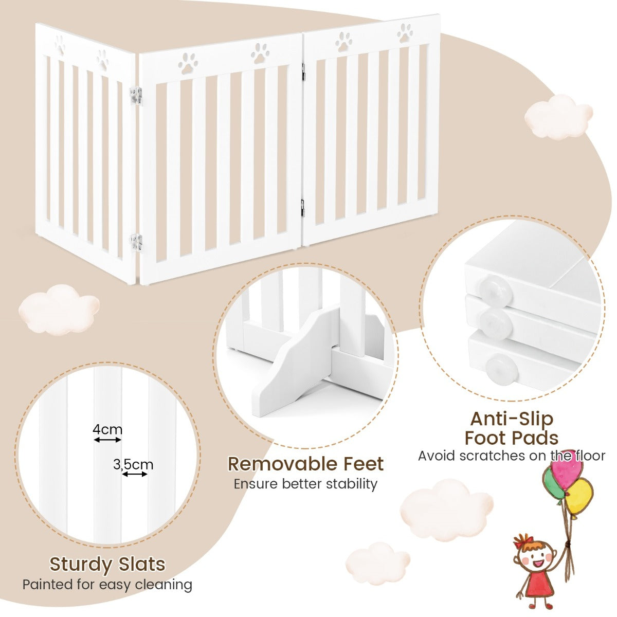 LIVSK Inklapbaar Hondenhek - Stevig MDF met 3 Panelen - 360° Draaibare Scharnieren - Antislip Voetkussentjes - Wit