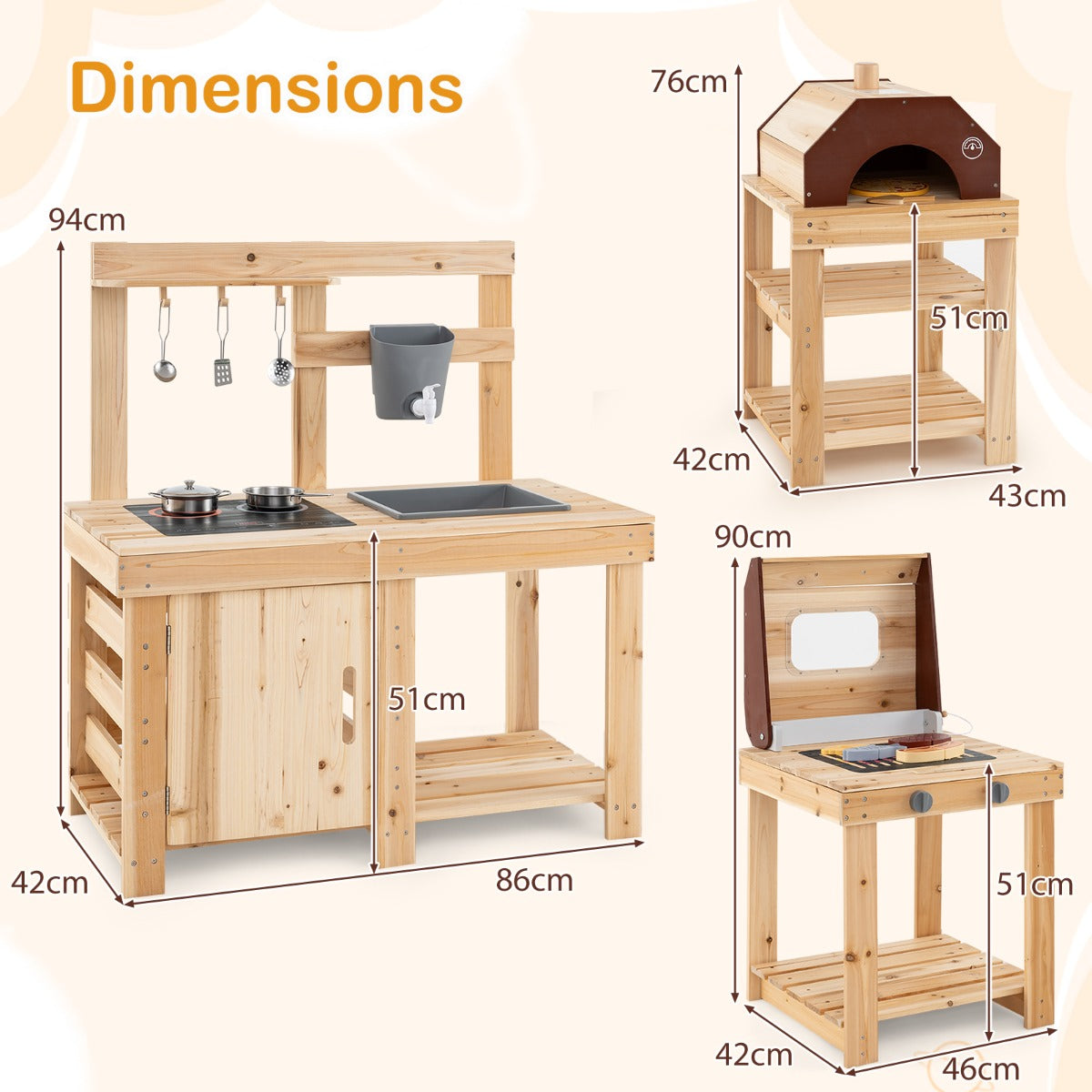 LIVSK Modderkeuken Outdoor Keuken Set - Inclusief Grill en Pizzaoven - Duurzaam Dennenhout - Voor Kinderen vanaf 3 jaar -