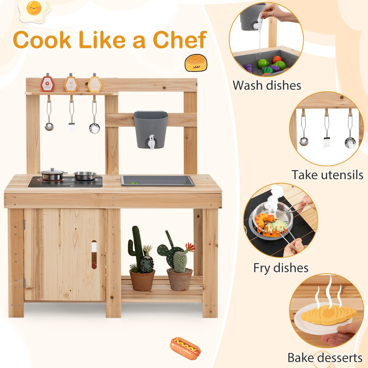 LIVSK Modderkeuken Outdoor Keuken Set - Inclusief Grill en Pizzaoven - Duurzaam Dennenhout - Voor Kinderen vanaf 3 jaar -