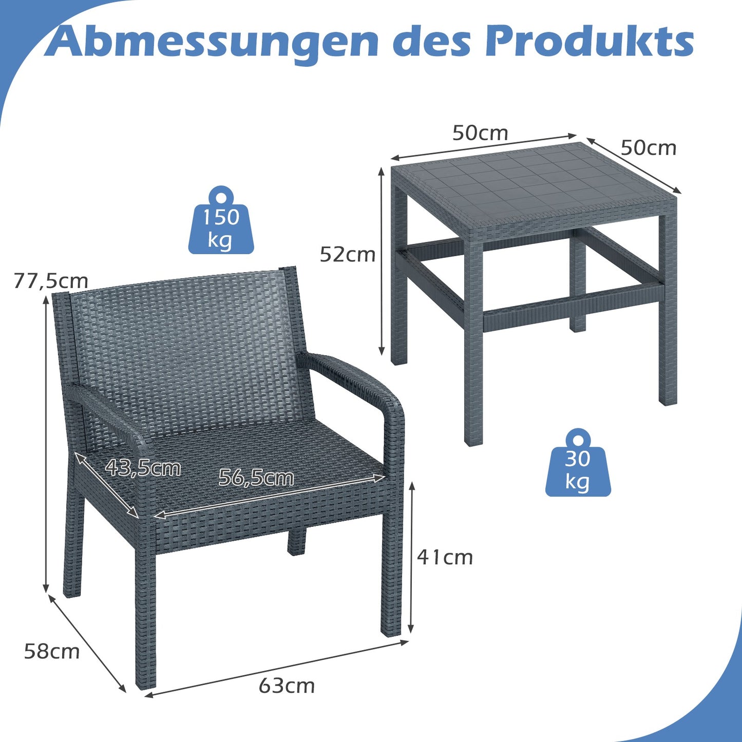 LIVSK 3-delige Tuinmeubelset - Waterbestendig PP - Ergonomische Stoelen - Bijzettafel - Tot 150 kg - Grijs