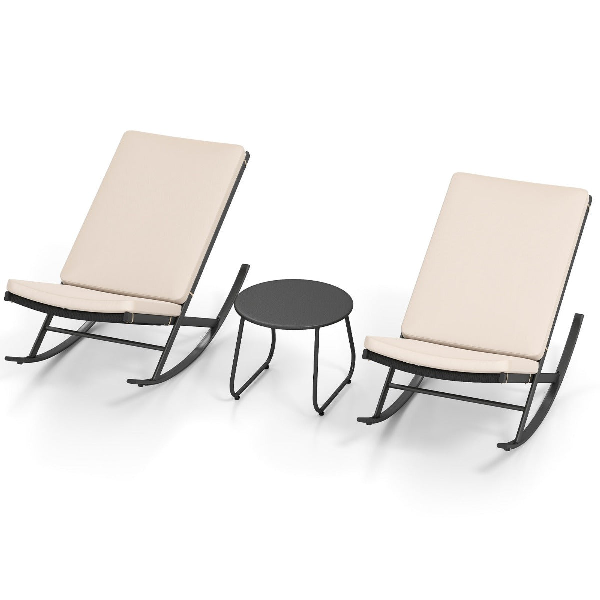 LIVSK Schommelende Terras-Bistroset - 3-delig - Hoogwaardig PE-rattan - Comfortabele Kussens - Voor Tuin en Terras - Beige