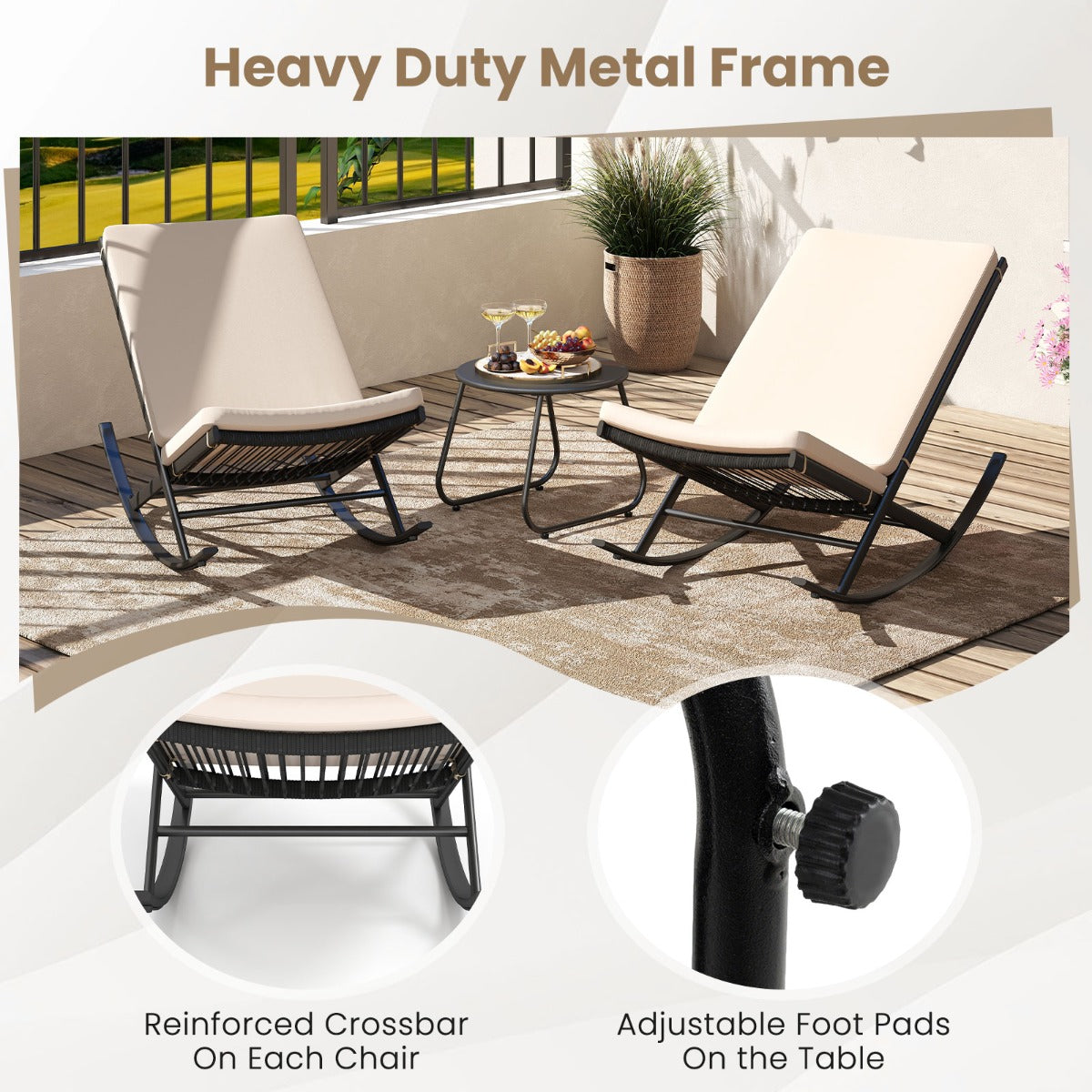 LIVSK Schommelende Terras-Bistroset - 3-delig - Hoogwaardig PE-rattan - Comfortabele Kussens - Voor Tuin en Terras - Beige