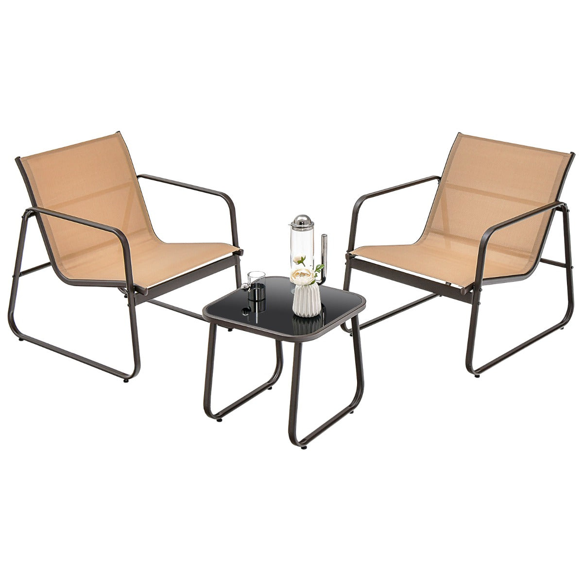 LIVSK 3-delige Metalen Conversatieset - Ergonomische Stoelen - Ademend - Gehard Glas - Tot 150 kg - Bruin