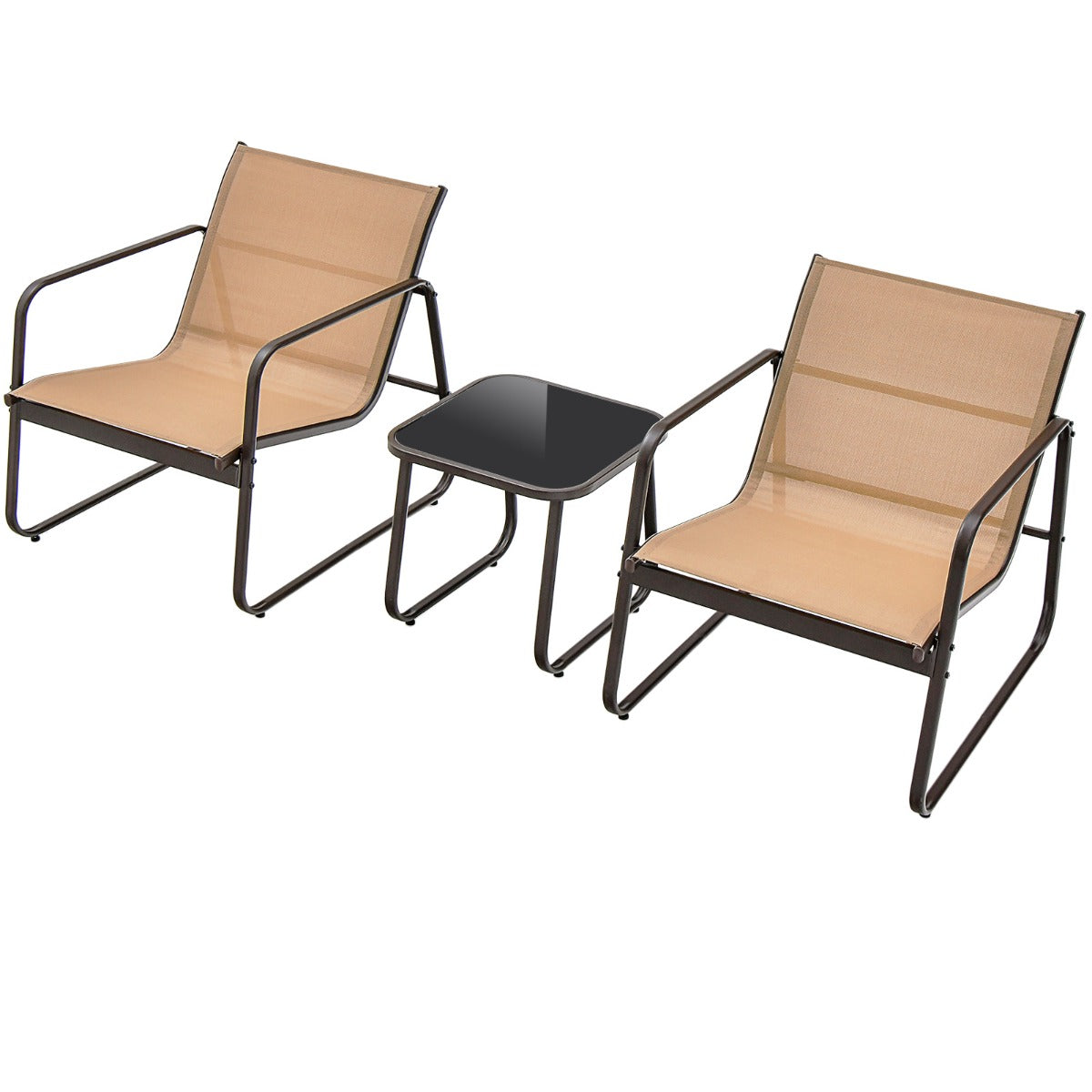 LIVSK 3-delige Metalen Conversatieset - Ergonomische Stoelen - Ademend - Gehard Glas - Tot 150 kg - Bruin