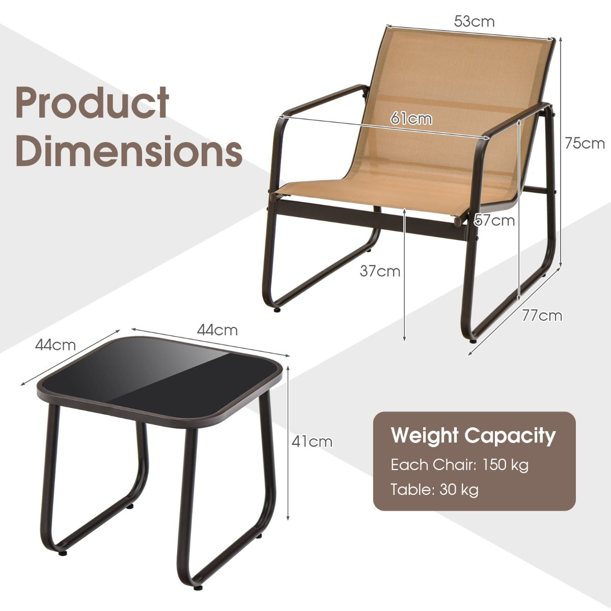 LIVSK 3-delige Metalen Conversatieset - Ergonomische Stoelen - Ademend - Gehard Glas - Tot 150 kg - Bruin