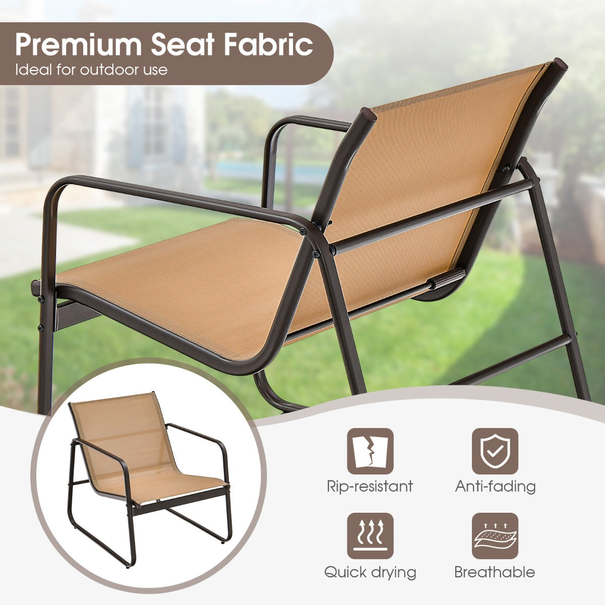 LIVSK 3-delige Metalen Conversatieset - Ergonomische Stoelen - Ademend - Gehard Glas - Tot 150 kg - Bruin