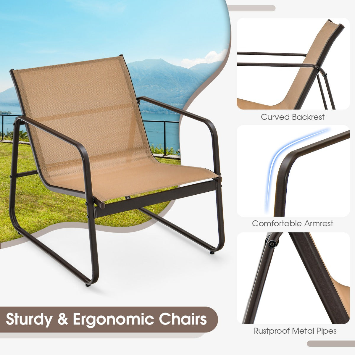LIVSK 3-delige Metalen Conversatieset - Ergonomische Stoelen - Ademend - Gehard Glas - Tot 150 kg - Bruin