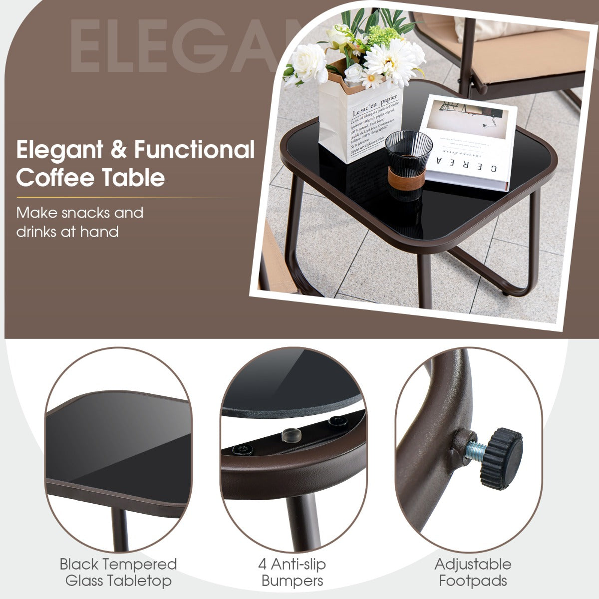 LIVSK 3-delige Metalen Conversatieset - Ergonomische Stoelen - Ademend - Gehard Glas - Tot 150 kg - Bruin