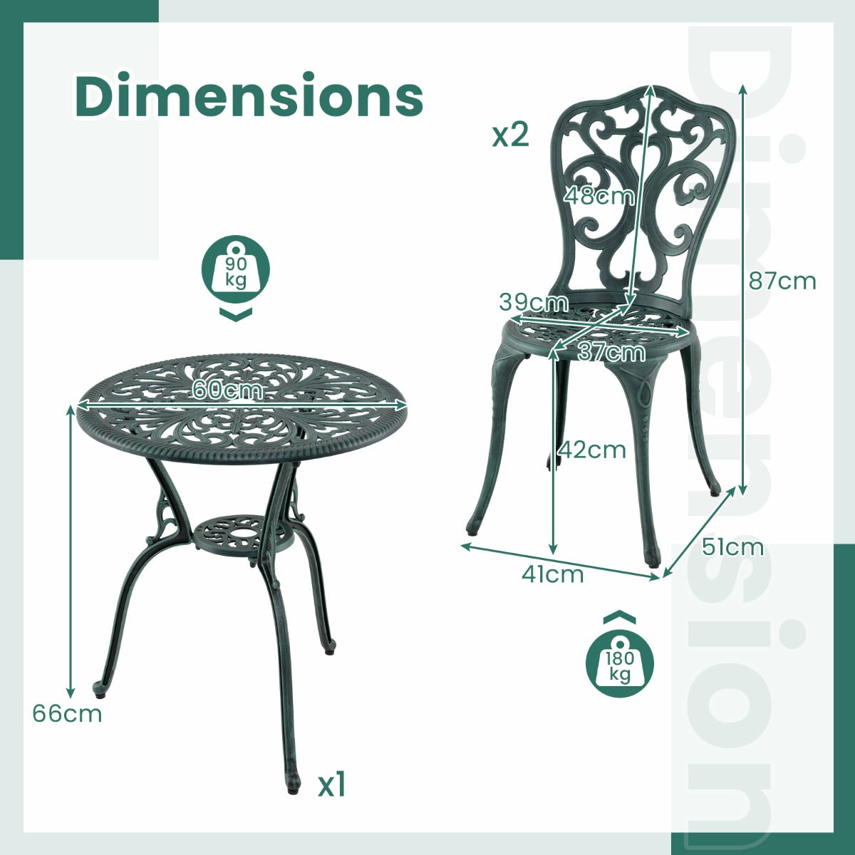 LIVSK 3-delige Tuinmeubelset - Aluminiumgietwerk - Parasolgat - Verstelbare Rugleuningen - Elegant - Groen