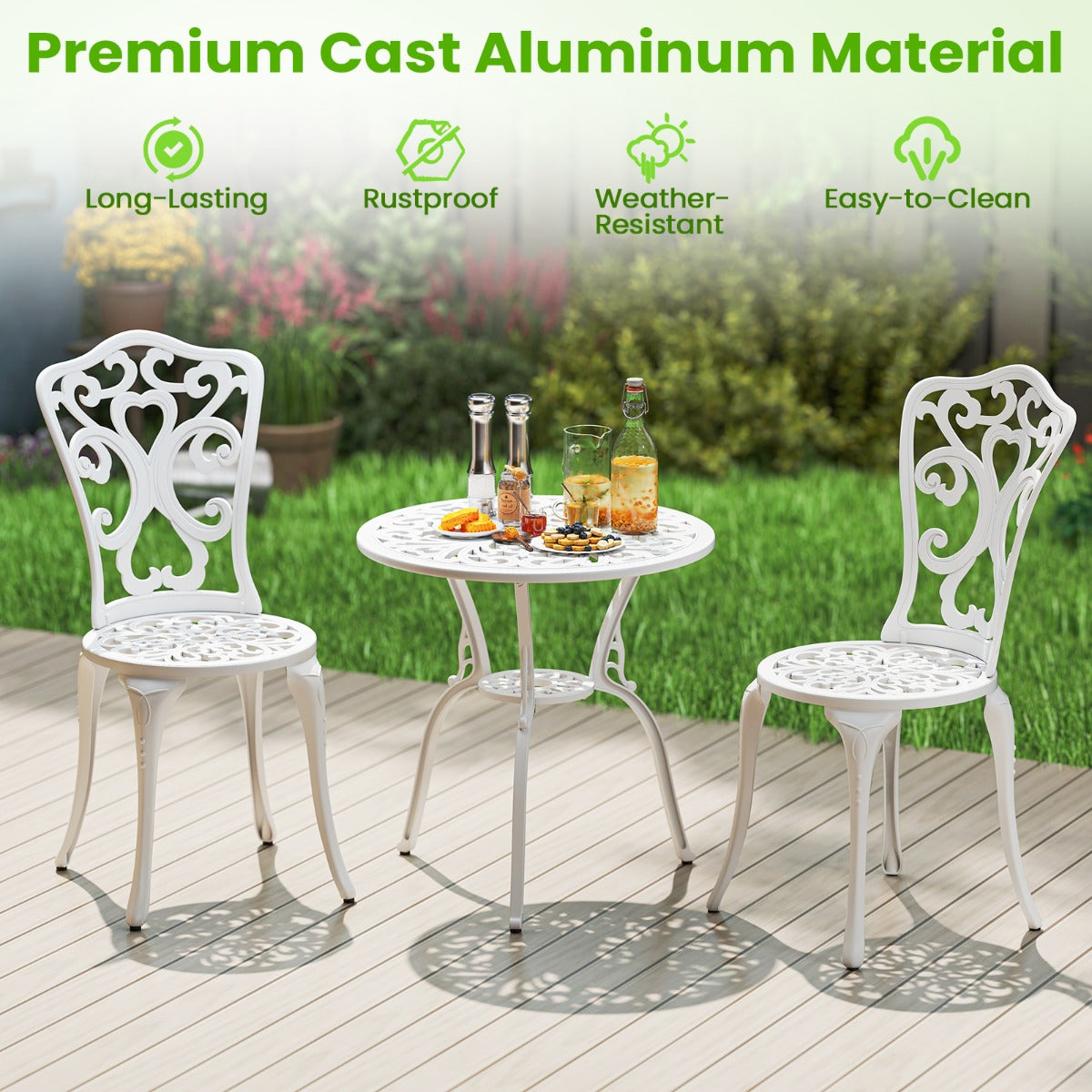 LIVSK 3-delige Terrasmeubelset - Aluminiumgietwerk - Parasolcompatibel - Verstelbare Stoelen - Duurzaam en Elegant - Wit