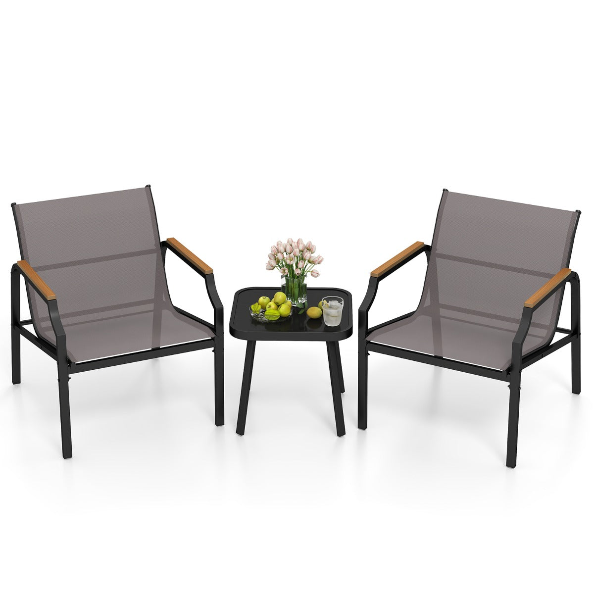 LIVSK 3-delige Tuinmeubelset - Stevige Metalen Constructie - Comfortabele Stoelen met Armleuningen - Salontafel met