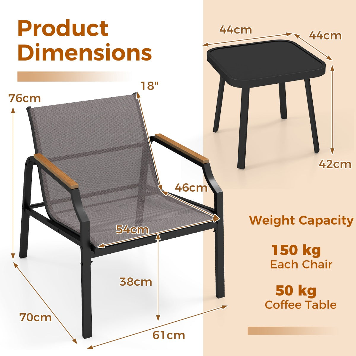 LIVSK 3-delige Tuinmeubelset - Stevige Metalen Constructie - Comfortabele Stoelen met Armleuningen - Salontafel met