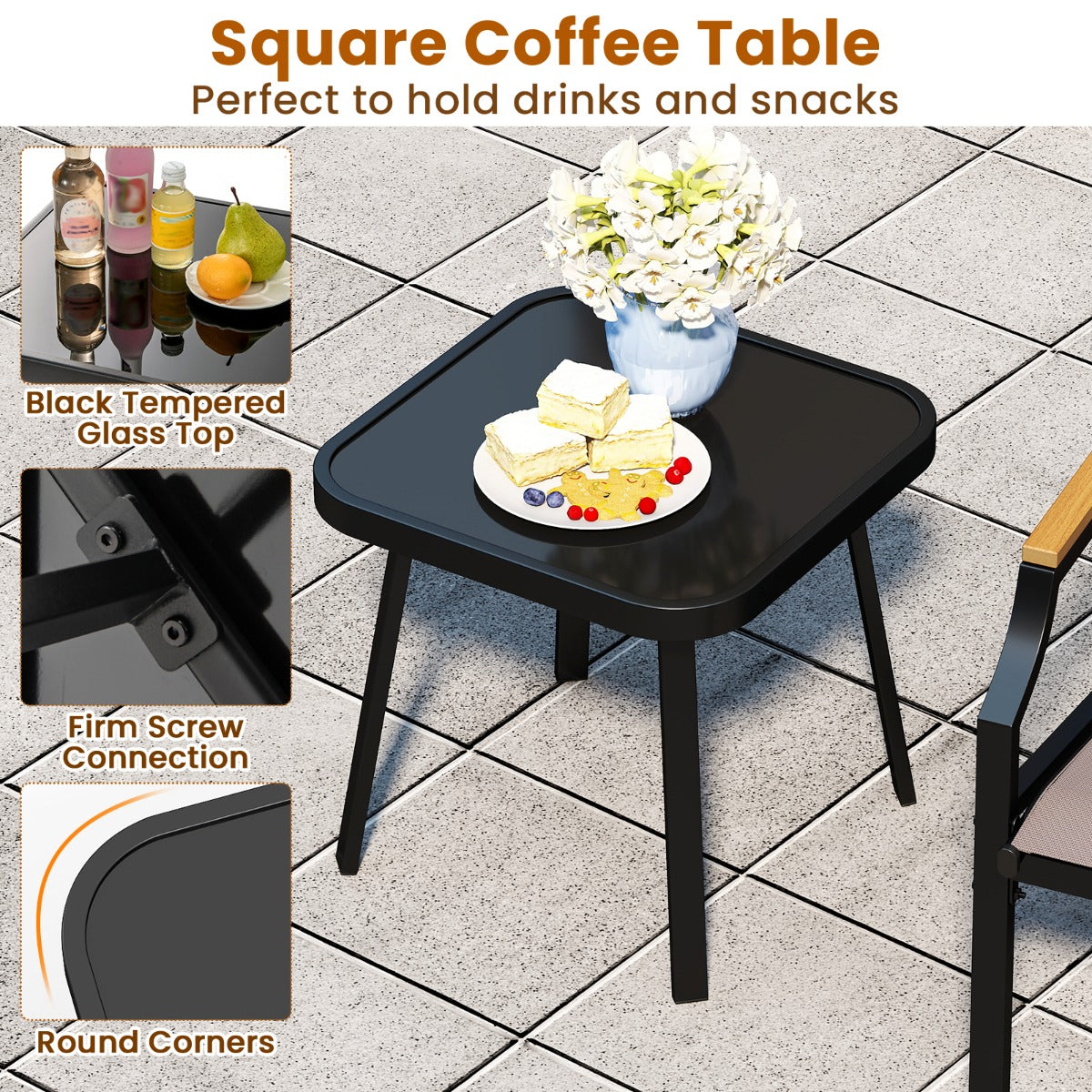 LIVSK 3-delige Tuinmeubelset - Stevige Metalen Constructie - Comfortabele Stoelen met Armleuningen - Salontafel met