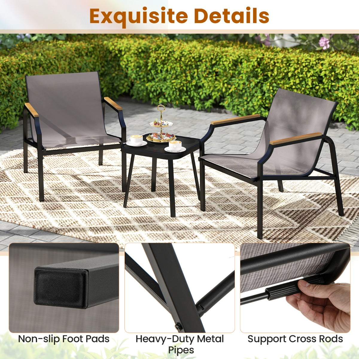 LIVSK 3-delige Tuinmeubelset - Stevige Metalen Constructie - Comfortabele Stoelen met Armleuningen - Salontafel met