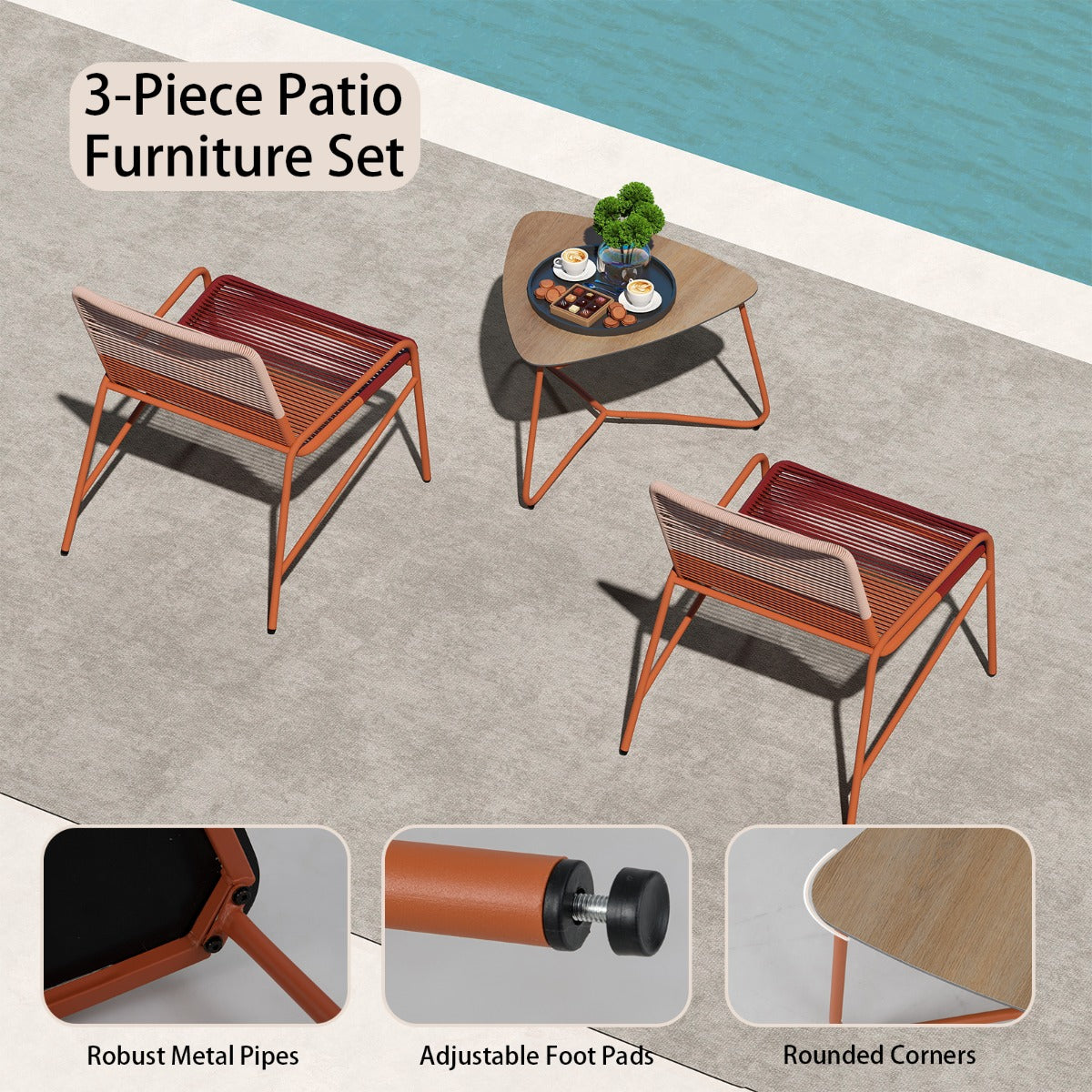 LIVSK 3-delige Bistroset Rattan - 2 Stoelen met 3-kleurenverloop en Driehoekige Tafel - Duurzaam en Comfortabel - Oranje