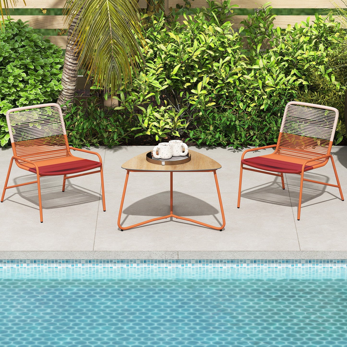 LIVSK 3-delige Bistroset Rattan - 2 Stoelen met 3-kleurenverloop en Driehoekige Tafel - Duurzaam en Comfortabel - Oranje