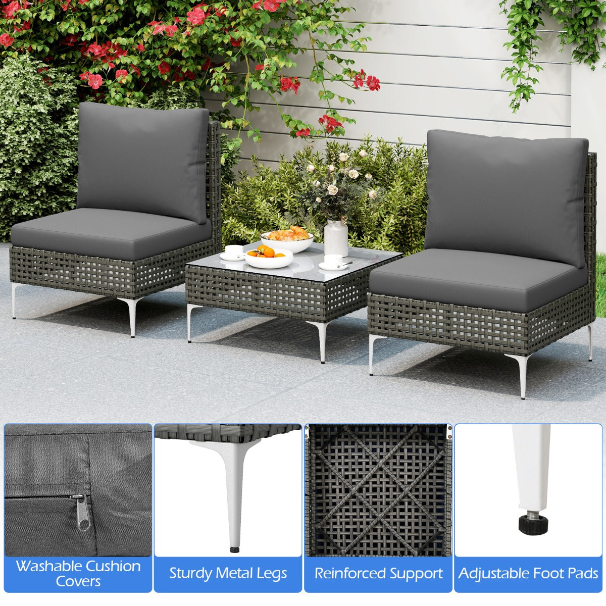 LIVSK 3-delige Tuinmeubelset - Handgeweven PE-rattan - Metalen poten tot 180 kg - Ruime zitplaatsen - Mix grijs met marineblauw