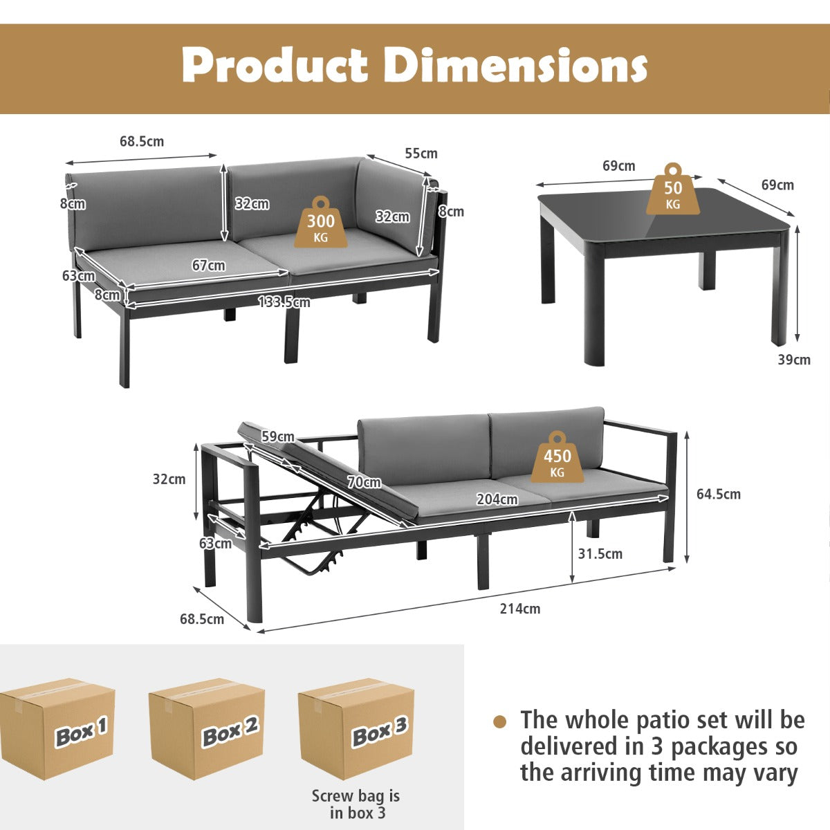 LIVSK 3-delige Aluminium Loungeset - Verstelbare Rugleuning - Hoge Dichtheid Kussens - Voor Binnen en Buiten - Grijs