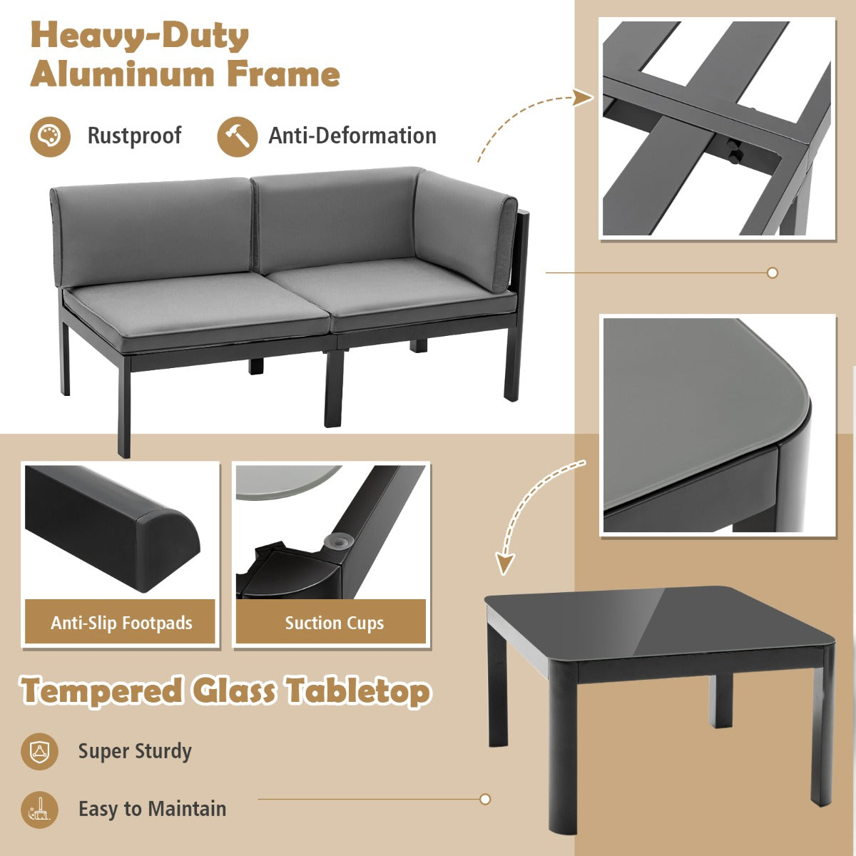 LIVSK 3-delige Aluminium Loungeset - Verstelbare Rugleuning - Hoge Dichtheid Kussens - Voor Binnen en Buiten - Grijs