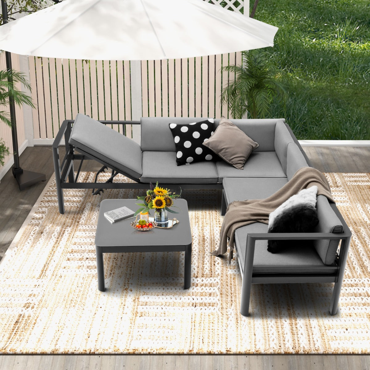 LIVSK 3-delige Aluminium Loungeset - Verstelbare Rugleuning - Hoge Dichtheid Kussens - Voor Binnen en Buiten - Grijs