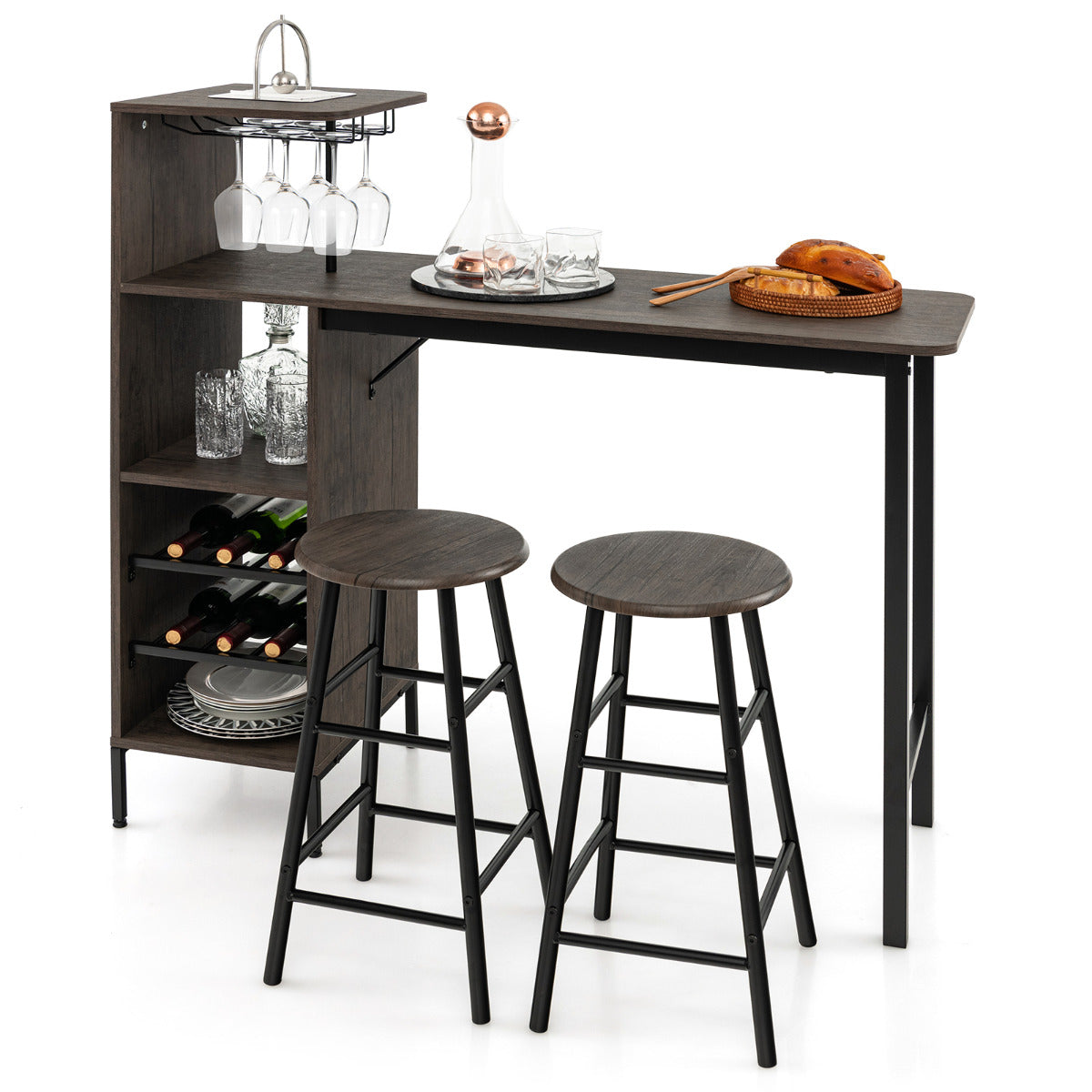 LIVSK Bartafel en Barkrukken Set - Rustieke Charmante Tafel met Opbergruimte - Duurzaam en Comfortabel - 120 x 40 x 121,5 cm -