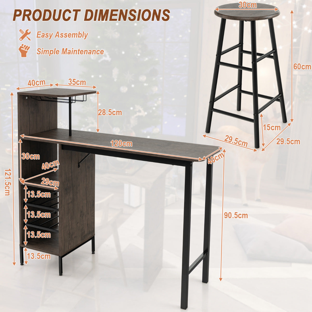 LIVSK Bartafel en Barkrukken Set - Rustieke Charmante Tafel met Opbergruimte - Duurzaam en Comfortabel - 120 x 40 x 121,5 cm -