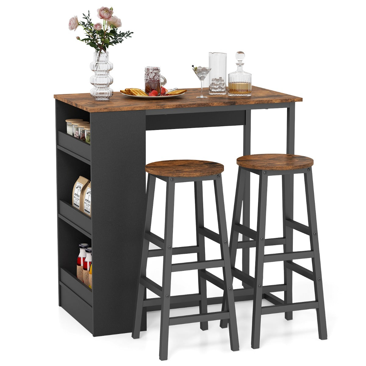 LIVSK Bartafelset met 2 Krukken - Ruim Tafelblad met 3 Opbergplanken - Stevig Metalen Frame - Industriële Stijl - Rustiek bruin +