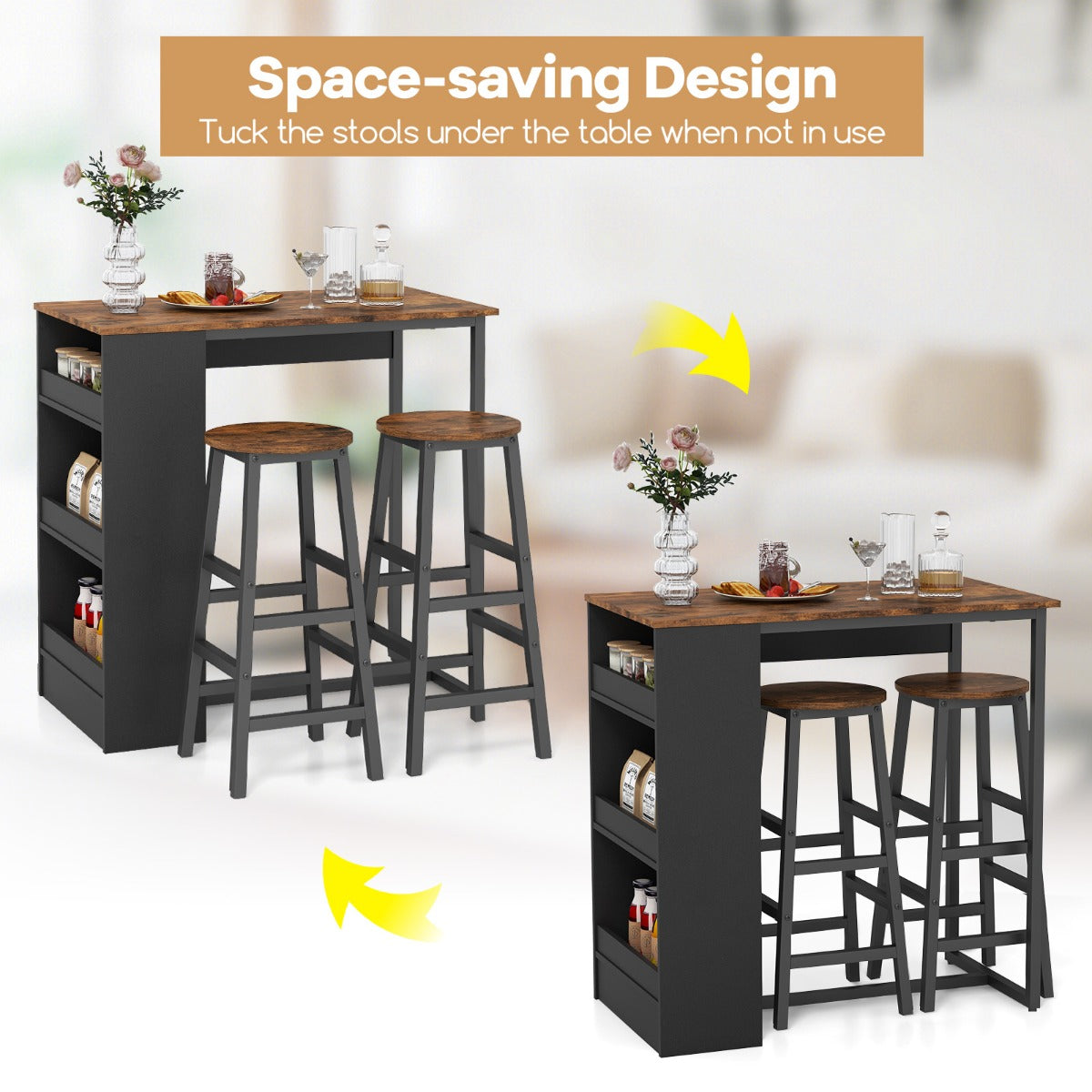 LIVSK Bartafelset met 2 Krukken - Ruim Tafelblad met 3 Opbergplanken - Stevig Metalen Frame - Industriële Stijl - Rustiek bruin +