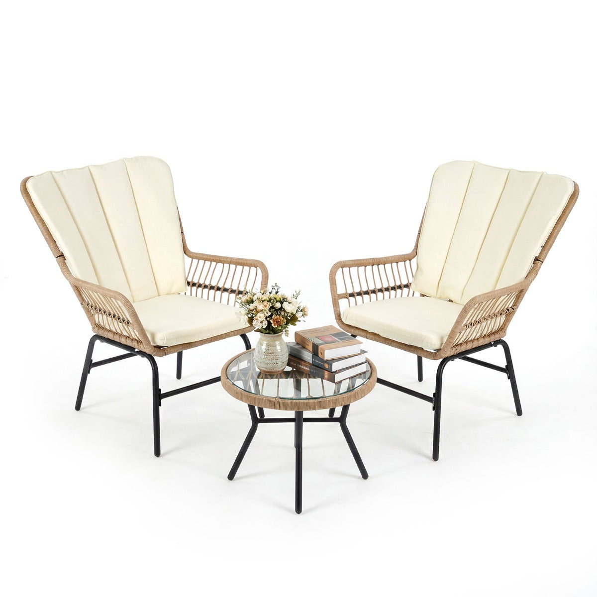 Livsk costway 3 delige bistroset pe rotan tuinmeubelset met kussens zitgroep met 2 stoelen en temperatuurgehard glazen tafel