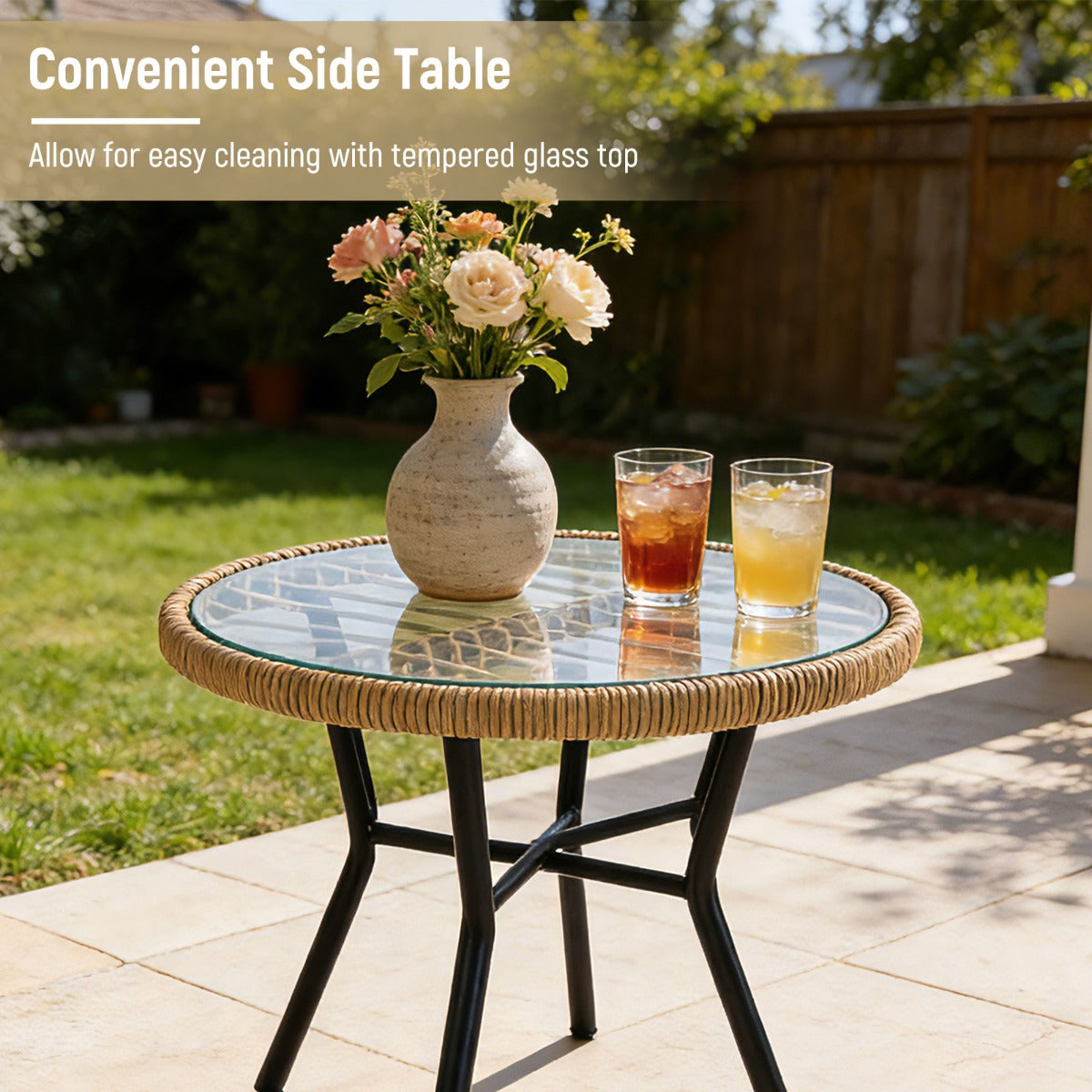Livsk costway 3 delige bistroset pe rotan tuinmeubelset met kussens zitgroep met 2 stoelen en temperatuurgehard glazen tafel 3