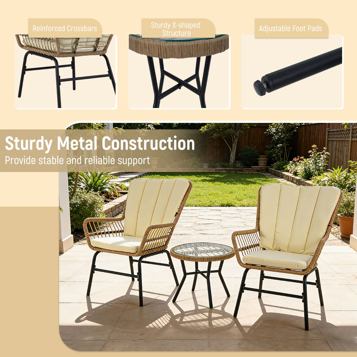 Livsk costway 3 delige bistroset pe rotan tuinmeubelset met kussens zitgroep met 2 stoelen en temperatuurgehard glazen tafel 6