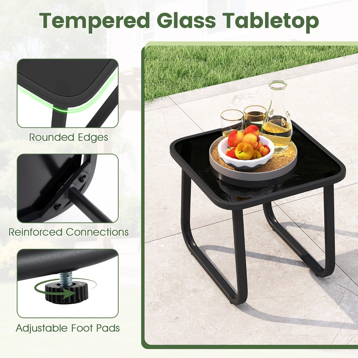 Livsk costway 3 delige bistroset voor buiten schommelstoelen met tafel van gehard glas metalen frame en zachte kussens model 1 4