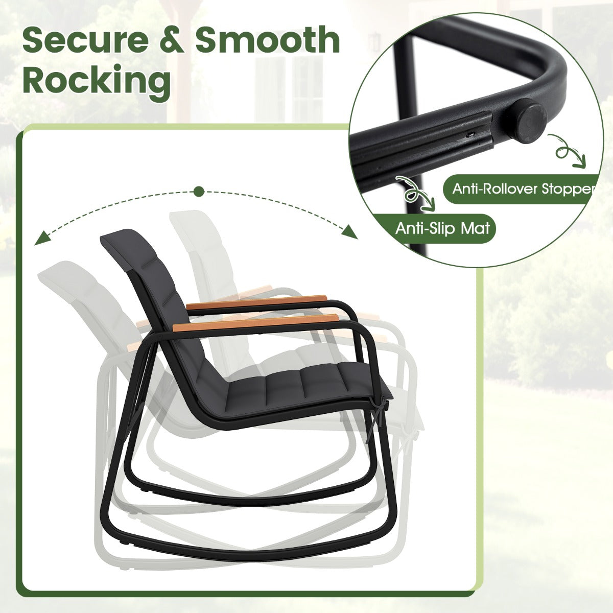 Livsk costway 3 delige bistroset voor buiten schommelstoelen met tafel van gehard glas metalen frame en zachte kussens model 2 2 1